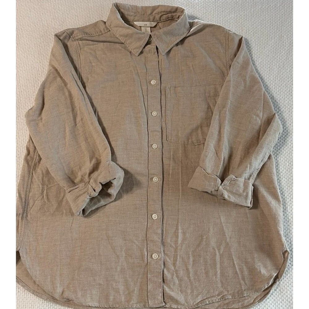 H&M Tan Button Down Shirt Size Large Casual Lightweight Top